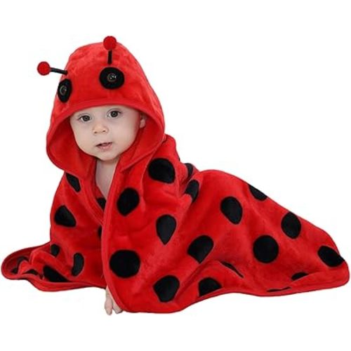 TONWHAR 0-4 Years Toddlers' And Kids' Boys Girls Animal Face Hooded Blanket Baby's Bathrobe,Plush After Bath Blanket(Ladybug)