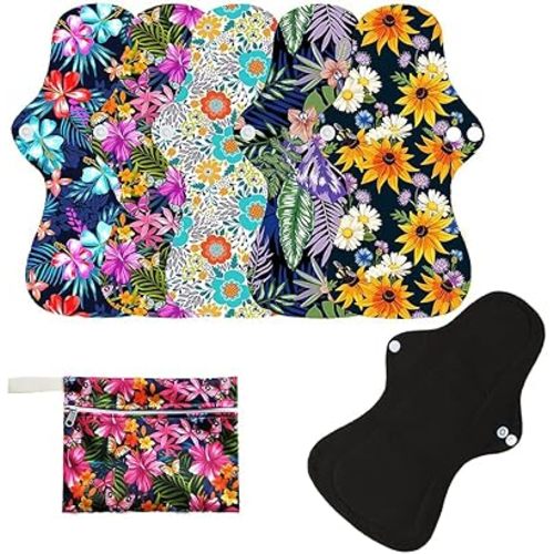 6pcs Resuable Incontinence Pads Resuable Waterproof Resuable Menstrual Pad Sets Including 5Pcs Heavy Flow Menstrual Pads Mama Cloth Sanitary Napkins + 1Pc Mini Wet Bag