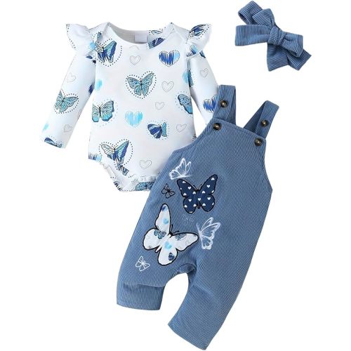 Newborn baby girl outfits Infant fall clothes long Sleeve rompers Overalls pants sets DIY headband 3pcs