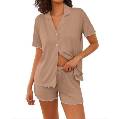 Ekouaer Womens Pajama Sets Button Up Pjs Shorts Sets Soft Sleepwear 2 Piece Lounge Sets for Bridal Parties Postpartum Khaki L
