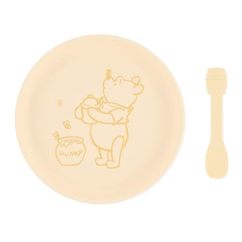Bumkins Disney Baby and Toddler Plate and Spoon Set, Silicone Dish for Babies and Kids, Baby Led Weaning, Children Feeding Supplies, Microwave Safe, Platinum Silicone, Ages 6 Months, Winnie the Pooh