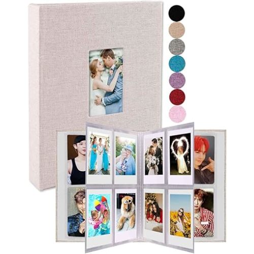 GPIRAL Mini Photo Album 208 Vertical Photos - Linen Front Window, 2x3 Photo Album Compatible with K-pop Photocards, Fujifilm Instax Mini Film 7s 8 9 11, Polaroid Snap/PIC 300, Zip Printer, Beige