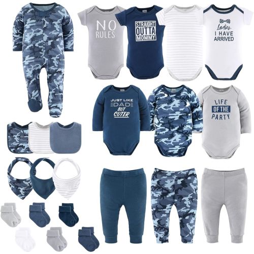 The Peanutshell Juego de regalo de canastilla de bebé para niños, conjuntos de regalo para niños recién nacidos, ropa de bebé y artículos esenciales para recién nacidos, imprescindible color camuflaje azul