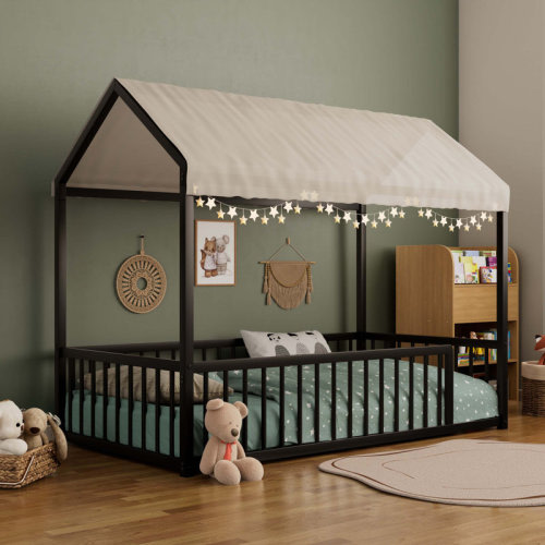 George Oliver Montessori Style Metal Floor Bed Frame for Kids and Toddlers, House Shaped with Fence, Easy to Assemble and Ideal for Play and Sleep | Wayfair