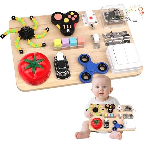 Busy Board for Kids Adults, Wooden Montessori Educational Fidget Sensory Toys for Stress Relief, Sensory Activity Board for Fine Motor Skills and Early Learning