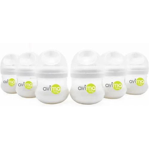 Avima Biberones anticólicos de 4 onzas para bebés amamantados, pezones de flujo lento, biberón de cuello ancho, sin BPA, recién nacido de 0 a 3 meses, etapa 1 (juego de 6)