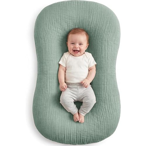 Muslin Baby Lounger Cover 1 Pack, Cotton Soft Breathable Infant Nest Slipcover, Envelope Closure, Compatible with Snuggle Me Loungers, Machine Washable, Cover Only, for Boys Girls(Green)