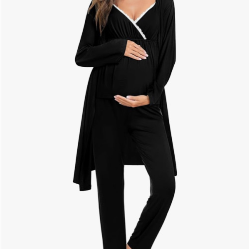 SWOMOG Maternity Nursing Robe Set 3 Piece Breastfeeding Pajamas 3 in 1 Labor Delivery Sleevless Tops&Long Pants Pregnancy Pjs