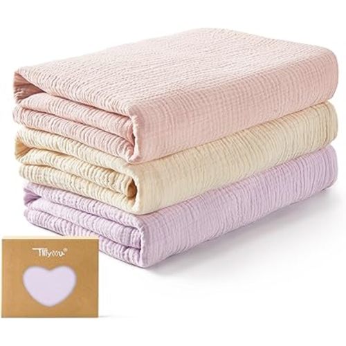 TILLYOU 3 Pack Muslin Swaddles for Newborns, Breathable and Soft Baby Blankets for Girls Boys, Cotton Blanket Baby Wrap Swaddle 47"X47", Pink Purple