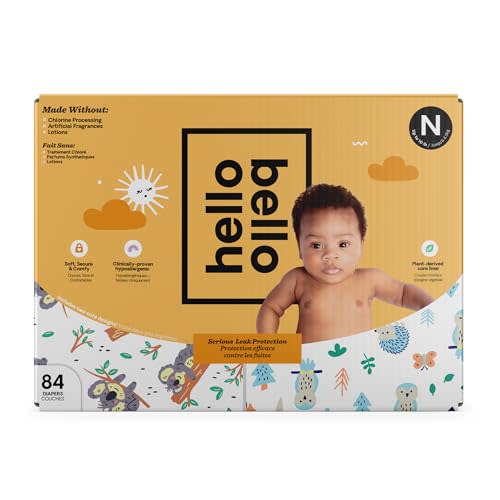 Hello Bello Diapers, Size Newborn (NB - Up to 10 lbs) - 84 Count of Premium Disposable Baby Diapers in Woodland Animals & Koala Kids Designs - Hypoallergenic with Soft, Cloth-Like Feel