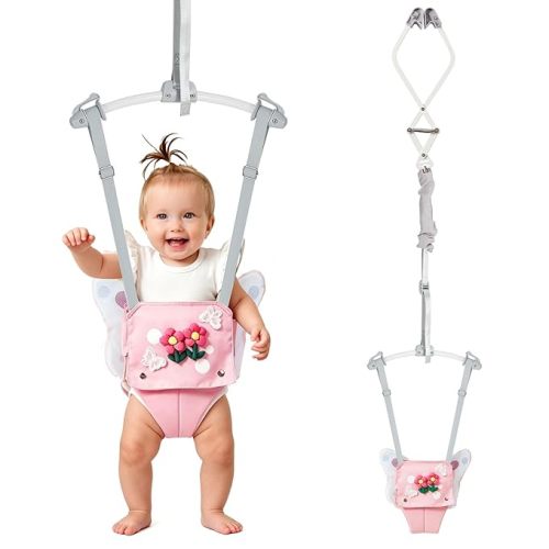 FUNLIO Baby Door Jumper for 6-24 Months (with Door Clamp), Baby Jumper Doorway with Strong Spring & Adjustable Strap, Portable Infant Door Bouncer, Bearing 40 Lbs, Pink Butterfly