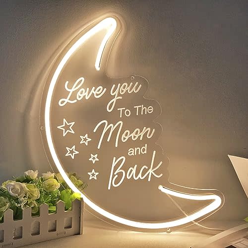Britrio Love You To the Moon And Back LED Neon Light Sign Moon Wall Decor | Dimmable Girl Kid’s Bedroom Living Room Night Light Home Decor Wedding Party Decoration 15.75”x10.24” Warm White USB Powered