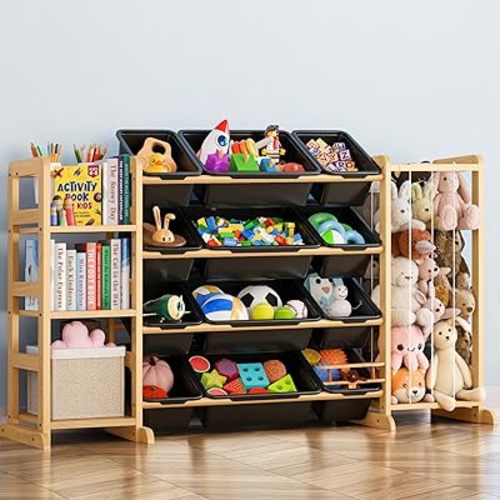 Toy Storage Organizer with Bookshelf and Stuffed Animal Storage - Kids Playroom Organization with Shelves and 12 Toy Bins - Toddler Living Room Toy Box for Lego - Nursery Bedroom Decor Essential