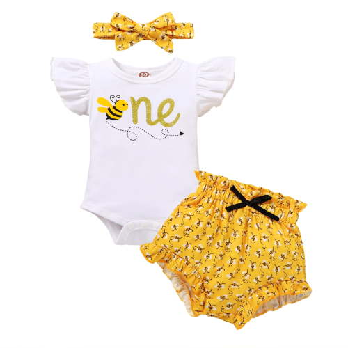 Younger Tree Infant Baby Girl My 1st Birthday Outfits Set Toddler Summer Romper Shorts Headband Clothes,Size 6-18 Months