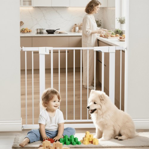 Naipo Baby Safety Gate,29.93~40.55 inch Wide Walk Through Baby Gate Hardware/Pressure Mounting Kit,with 2 Extensions for Age 6 to 24 Months,White
