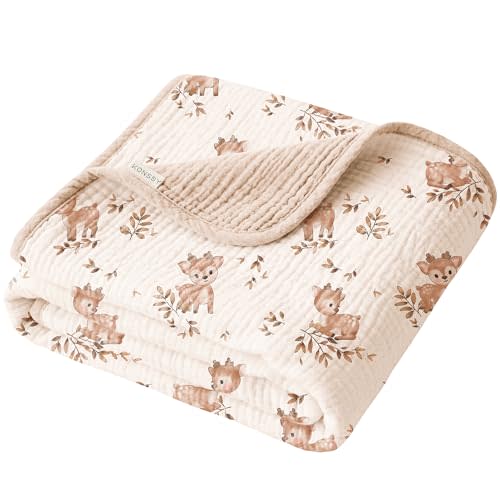 Konssy Muslin Baby Blankets for Girls Boys, 100% Cotton Crib Blanket for Baby Infant Toddler, Super Soft and Lightweight Nursery Blankets 40"x36" (Deer)