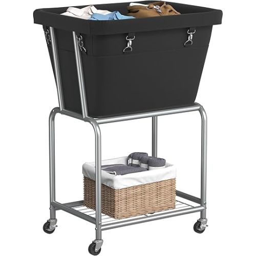 ELYKEN Laundry Cart with Wheels, Rolling Laundry Hamper with Removable Bag and Shelf, Metal Frame Laundry Basket with 4 Casters and 2 Brakes, Ideal for Bedroom, Bathroom, Laundry Room, Black