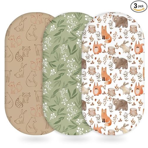 Unnivoll Baby Bassinet Sheets Girl Boy, Fitted Bassinet Sheet Set 3 Pack Bassinet Mattress Sheets Universal Fit for Rectangle, Round, Oval, Hourglass Mattress, Soft Breathable Green & Brown Fox