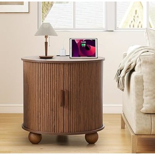 AVZEAR 24" Large Round End Table with Charging Station, Farmhouse Fluted Sofa Side Table with Sliding Tambour Door & Storage, Mid-Century Wood Nightstand for Living Room, Bedroom, Walnut