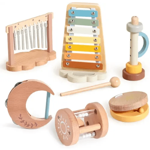 Montessori Wooden Percussion Musical Instruments Set with Xylophone & 1 Tambourine, Unisex Toddler Preschool Educational Play Toys for Holidays, Birthdays, Includes 1 Finger Castanet, 1 Hand Drum - TikTok Shop