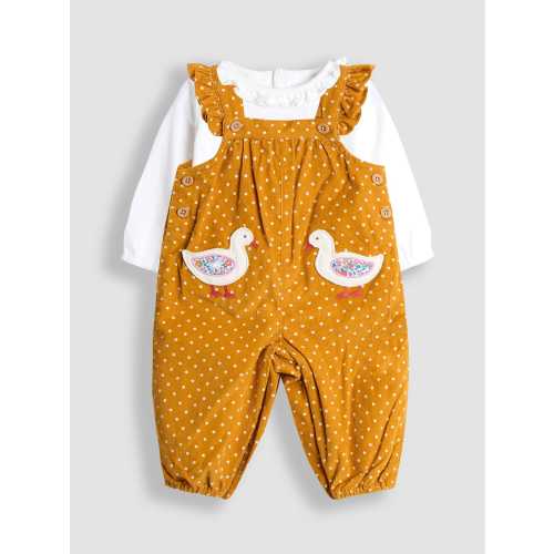 JoJo Maman Bébé Mustard Yellow Duck Appliqué Cord Dungarees & Top Set