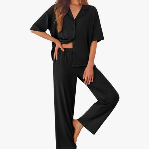 Ekouaer Women Pajamas Set Button Down Sleepwear Short Sleeve Pjs Soft Comfy Nightwear with Long Pants S-XXL