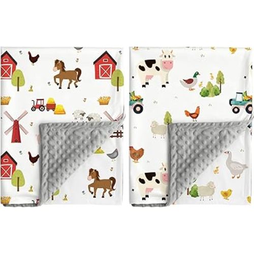 2 Pack Farm Animal Baby Blankets Unisex Soft Nursery Double Layer Minky Blanket with Dotted Backing for Newborn Toddlers Farmhouse Animasl Printed 30 X 40 Inch (Farm Animal)