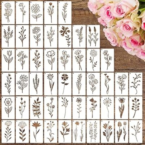 50 PCS Flower Stencils for Crafts Reusable Flower Stencils for Painting on Wood Rocks Canvas Fabric Glass Pottery 3.5 x 2 Inch