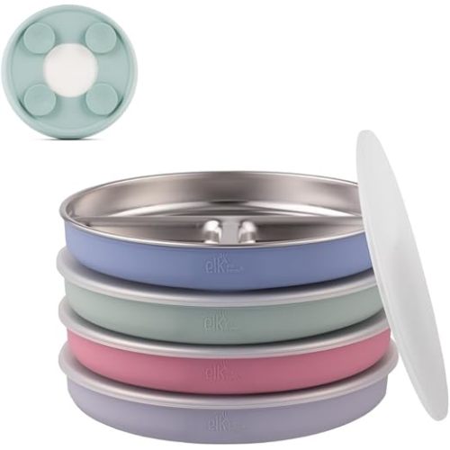 Elk and Friends Stainless Steel Divided Plates with Silicone Sleeve for Babies & Toddlers | Lids Included | Stay Put Suction | Dinner & Snack Plates | 4 Pack