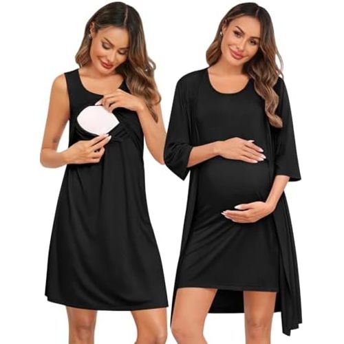 SWOMOG Women Maternity Nursing Gown and 3/4 Sleeve Robe Set Labor Delivery Nightgown Breastfeeding Hospital Bathrobe