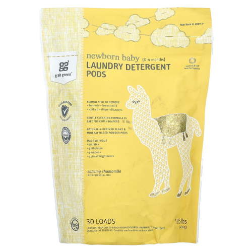 Grab Green Newborn Baby Laundry Detergent Pods, 0-4 Months, Calming Chamomile with Essential Oils, 30 Loads, 1.05 lbs (480 g)