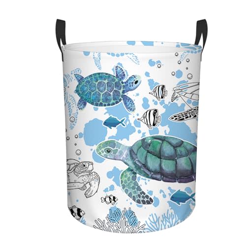 REETOOK Sea Turtles Laundry Basket, Laundry Hamper Basket Ocean Theme Round Clothes Basket, 43L Collapsible Storage Organizer Bin with Handles for Toys, Nursery Home Storage, 13.8x17.7