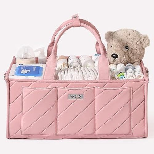 Pink Diaper Caddy Organizer – Portable Storage Basket with Shoulder Strap & Stroller Hooks, Splashproof Quilted Nursery & Car Tote for Baby Girl Shower Gift, Baby Registry, Blush Pink