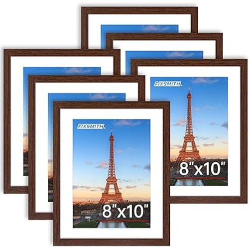 FIXSMITH 8x10 Picture Frame Bulk-6 Pack, Photo Frame with HD Plexiglass, Display Pictures 5x7 with Mat or 8x10 Without Mat, Brown Picture Frames Collage Wall Decor, Wall & Tabletop Picture Frames