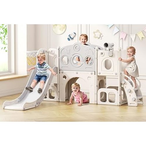 Babytronic Toddler Slide Set, 8 in 1 Kids Slide with Climber, Indoor Outdoor Slide for Toddlers Age 1-3, Toddler Playset with Basketball Hoop and Tunnel, Toddler Indoor Outdoor Playground (White&Gray)