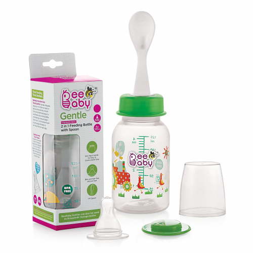 BeeBaby Gentle 2 in 1 Standard Neck Feeding Bottle with Feeder Plastic Spoon 125ML / 5Oz.-Green