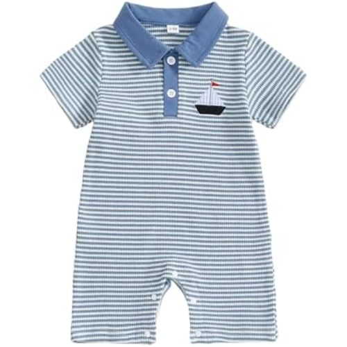 Newborn Outfits Baby Boy Clothes Summer Short Sleeve Waffle Knit Collared Sailboat Embroidery Romper Jumpsuit