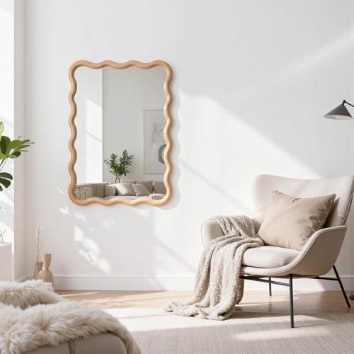 Bathroom Mirror for Wall,20x28 inch Large Irregular Wavy Wood Modern Boho Vanity Farmhouse Mirrors for Bedroom Living Room Entryway Hallway Fireplace
