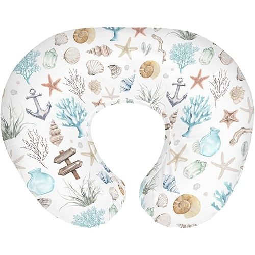 Ocean Boho Summer Nursing Pillow Covers for Boy Girl Seashells Conch Starfish Corals Anchors Nursing Pillow Slipcovers for Breastfeeding Pillows Nautical Life Soft Stretchy Cover for Newborn Infant
