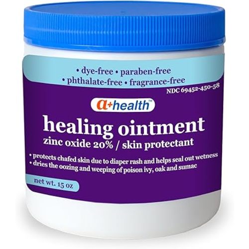 A+Health Healing Ointment Zinc Oxide 20%, Skin Protectant Barrier, 15 Oz Jar, Provides Relief and Treatment of Diaper Rash, Chafed Skin, Poison Ivy, Oak, Sumac for Adults and Babies, Fragrance Free