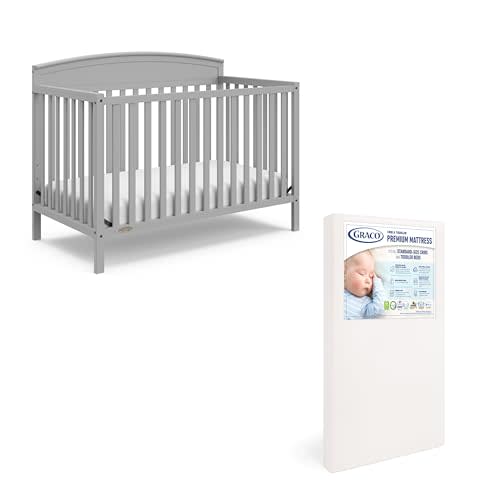 Graco Benton 5 in 1 Convertible Crib with Graco Crib Mattress, Pebble Gray | GREENGUARD Gold Certified, Converts from Baby Crib to Toddler Bed, Daybed and Full-Size Bed, Includes Graco Crib Mattress