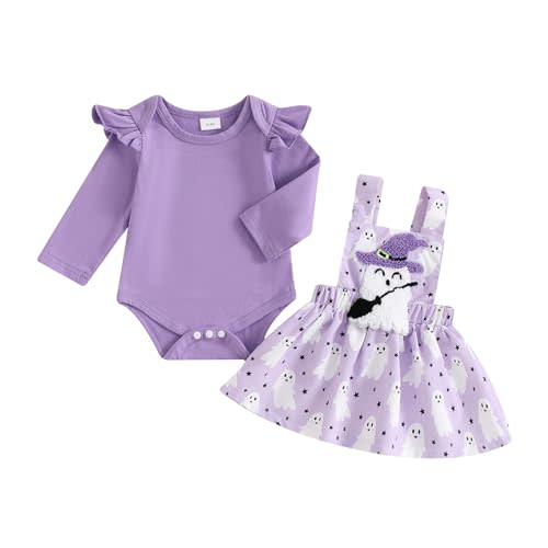 Doqcey Baby Girl Halloween Outfit Ruffle Long Sleeve Romper Pumpkin Ghost Embroidery Suspender Skirt Overall Dress Set