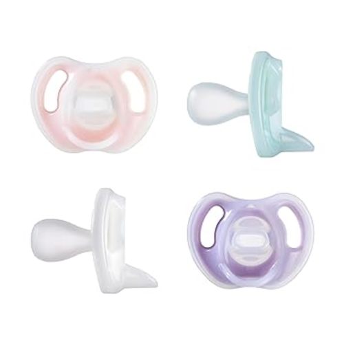Tommee Tippee Ultra-Light Silicone Pacifier, 0-6 Months, Symmetrical One-Piece Design, BPA-Free Silicone Binkies, Pink/Purple/Green, Pack of 4