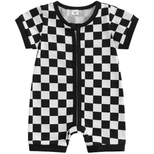 Karuedoo Newborn Baby Boy Girl Clothes Checkered Zipper Short Sleeve Romper Jumpsuit One-Piece Bodysuit Infant Summer Outfit