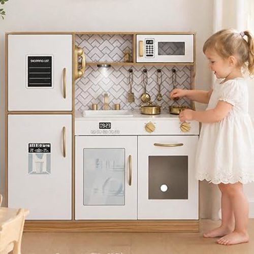 Wooden Play Kitchen Toy Set with Light, Kids Children Pretend Toy Kitchen Playset, Sink Play Toy Oven with Microwave,Toddler Cooking Set Toy for Ages 3+
