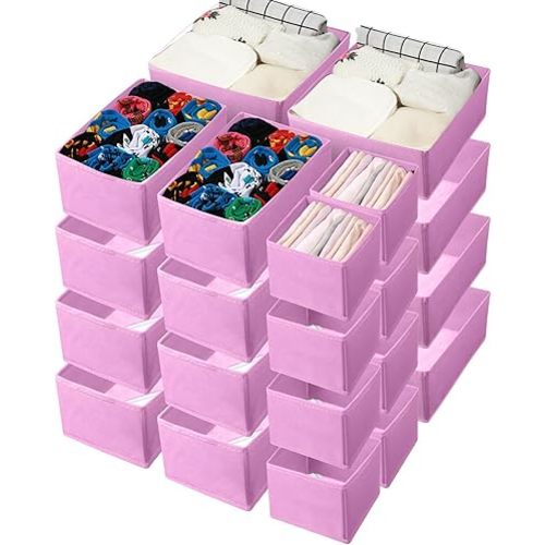 Potchen 24 Set Fabric Dresser Drawer Organizer Bins Dividers for Clothes – Nursery Home Bins Fabric Foldable Closet Clothing Wardrobe Storage Box Container Basket for Bras Socks Underwear(Pink)