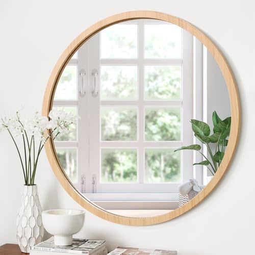 JJUUYOU Round Mirrors for Wall Mounted Circle Mirror with Wood Frame Circulart Mirror for Living Room Bedroom and Hallway Wall Decoration Bathroom Mirrors,Wood