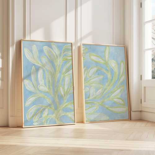 Botanical Light Blue and Green Set of 2 Pastel Wall Art, Sage Green Prints Coastal Painting, Living Room Decor Lake House Canvas Extra Large