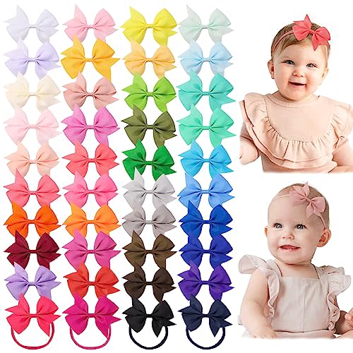 jollybows 40pcs Baby Girls Grosgrain Ribbon Hair Bows Headbands | 4" Hair Band Hair Accessories for Infants Newborn Toddler