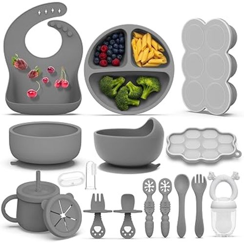 16 Pack Silicone Baby Feeding Set, BPA-Free Toddler Feeding Supplies, Include Suction Plates, Baby Bowls, Silicone Fork & Spoon, and More, First Stage Baby Dish Set - 6+ Months(Grey)